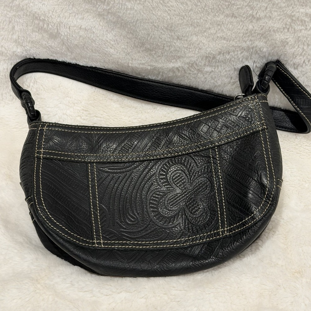 Y2K Vintage Franco Sarto Black Leather Embossed Patchwork Shoulder Bag